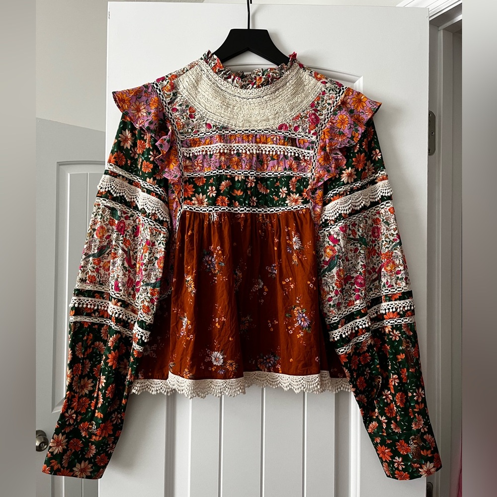 FARM Rio Multi-Print Floral Ruffled Peasant Blouse